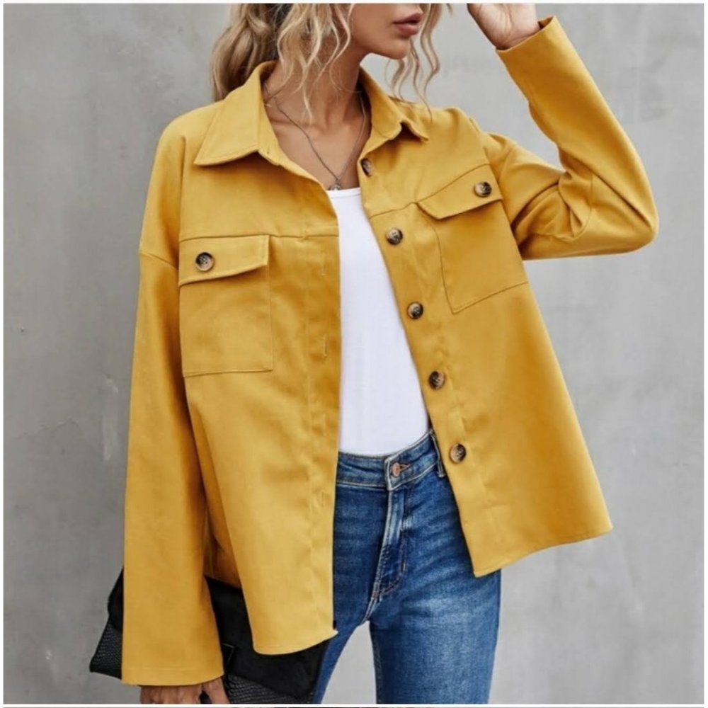 NWT Avec Les Filles Yellow Shirt Jacket Shacket Small Pockets